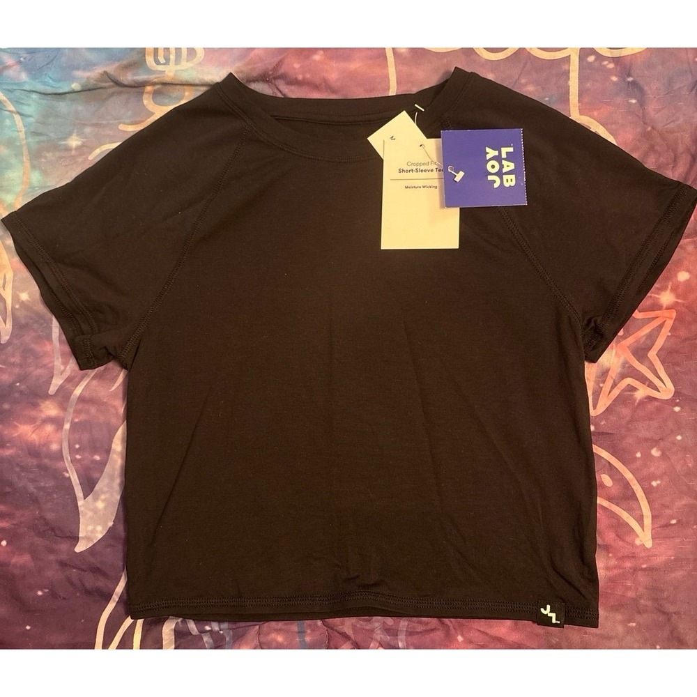 NEW JoyLab Black Moisture Wicking Cropped Fit Short Sleeve Active Tee, Small